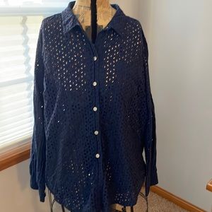 Old Navy XL Long Sleeve Navy Blue Eyelet Blouse